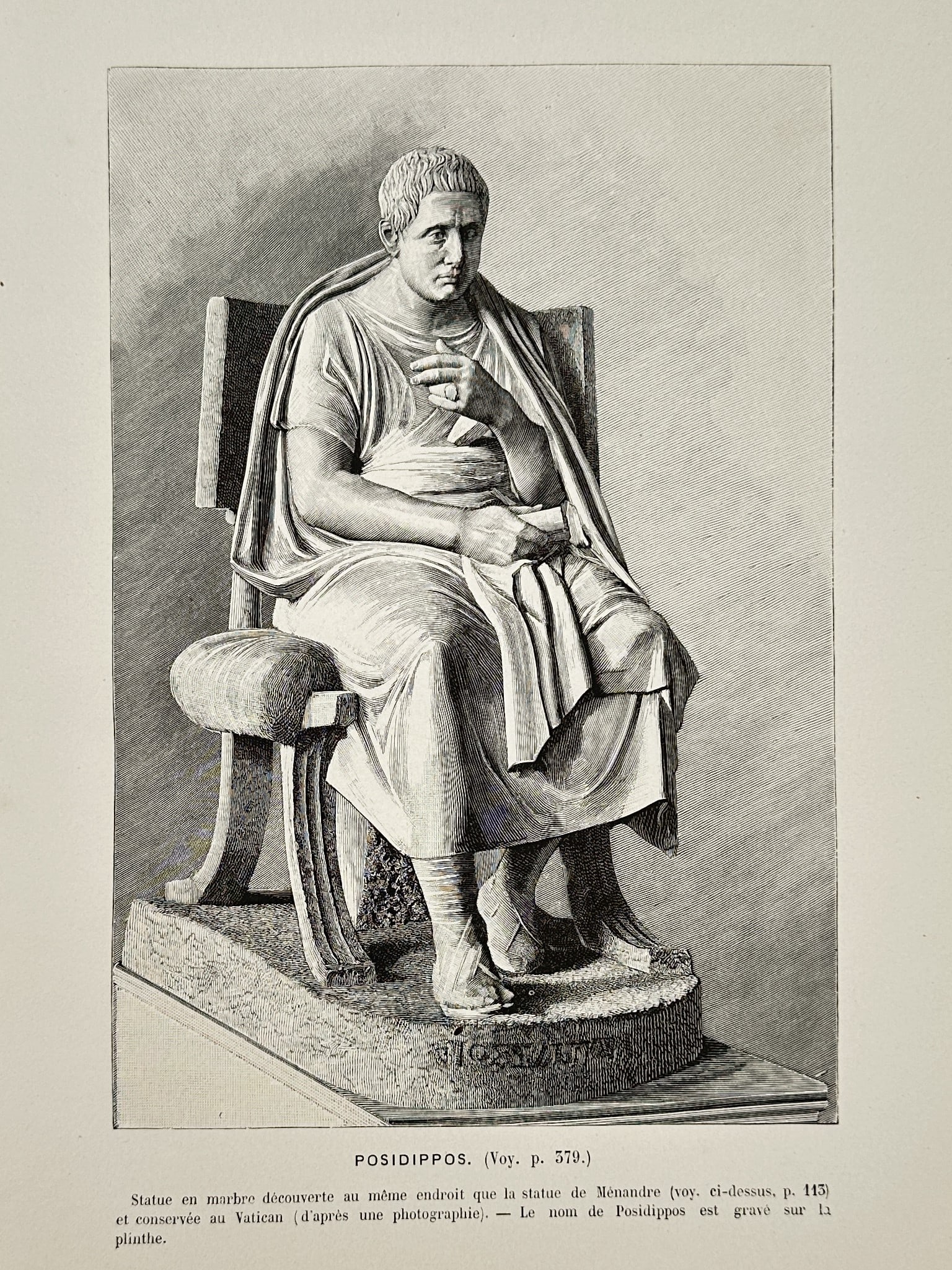 Victor Duruy (1811–1894) – Statue of Posidippus – Wood engraving (1881): "Posidippos." This nineteenth-century wood engraving depicts a seated marble statue of the Greek comic poet Posidippus of Cassandreia. It was published in Paris as part of Victor Duruy's major work Hi