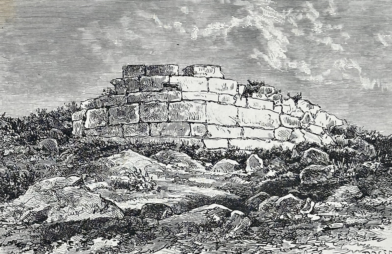 Victor Duruy (1811–1894) – Remains of a Round Tower at Eetioneia – Wood engraving (1881): "Restes d'une tour ronde au-dessus de l'Éétioneia (Pirée)." This nineteenth-century wood engraving depicts the archaeological remains of a defensive round tower overlooking Eetioneia, a tongue of l