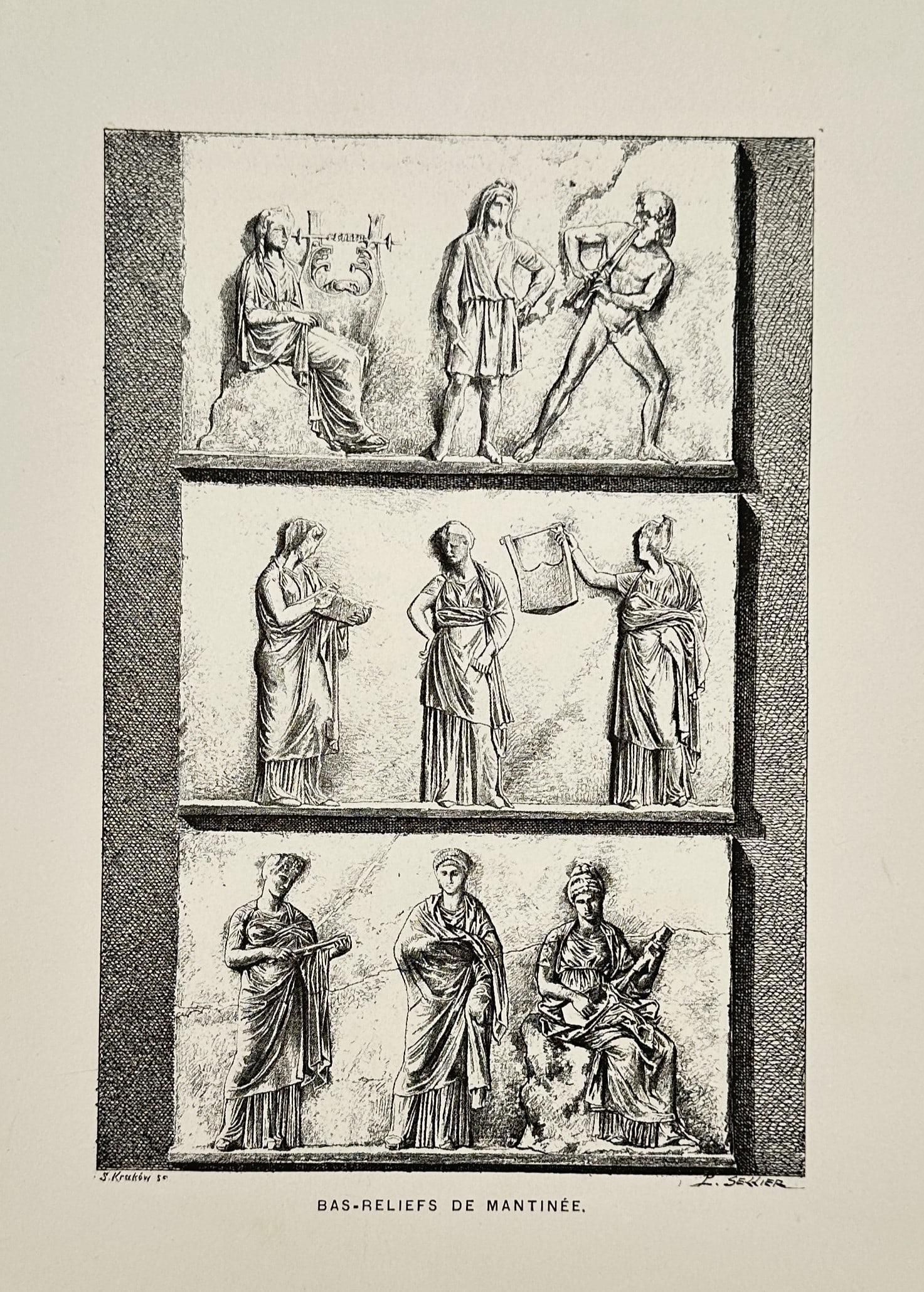 Victor Duruy (1811–1894) – Bas-Reliefs of Mantineia – Wood engraving (1881): "Bas-reliefs de Mantinée." This nineteenth-century wood engraving illustrates the famous Mantineia Base, a set of three marble slabs decorated with reliefs discovered in the ancient Greek city of Man