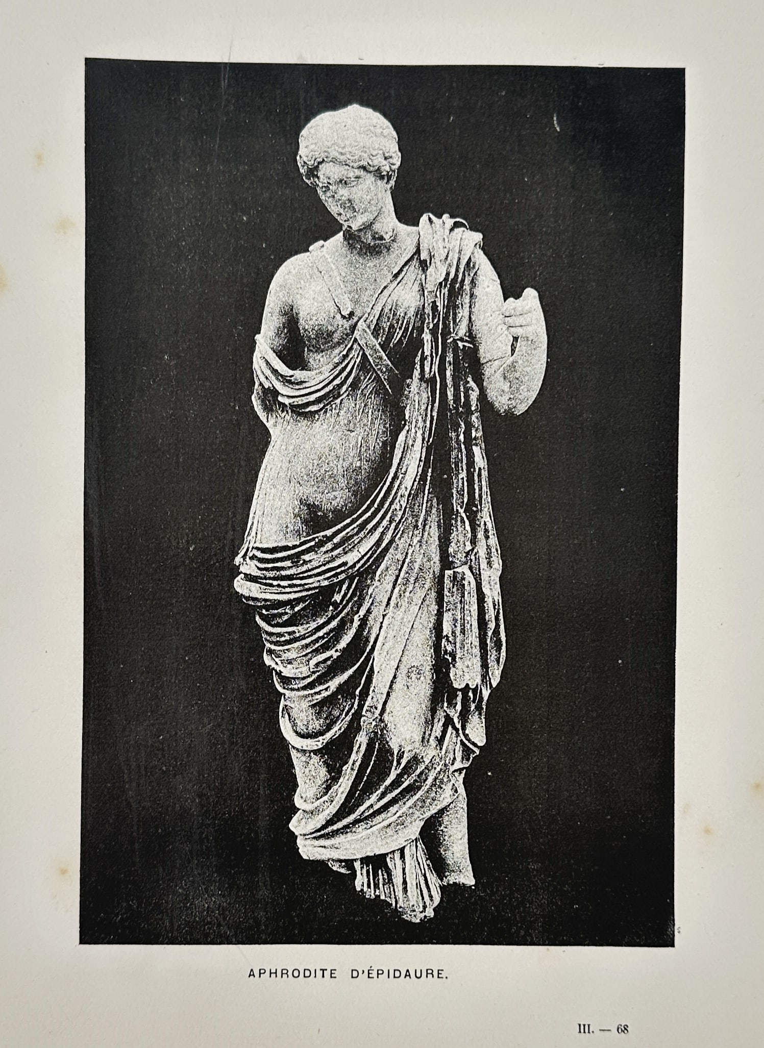 Victor Duruy (1811–1894) – Aphrodite of Epidaurus – Wood engraving (1881): "Aphrodite d'Épidaure." This nineteenth-century wood engraving depicts a marble statue of the goddess Aphrodite, discovered in the sanctuary of Asclepius at Epidaurus. It was published in Paris as pa