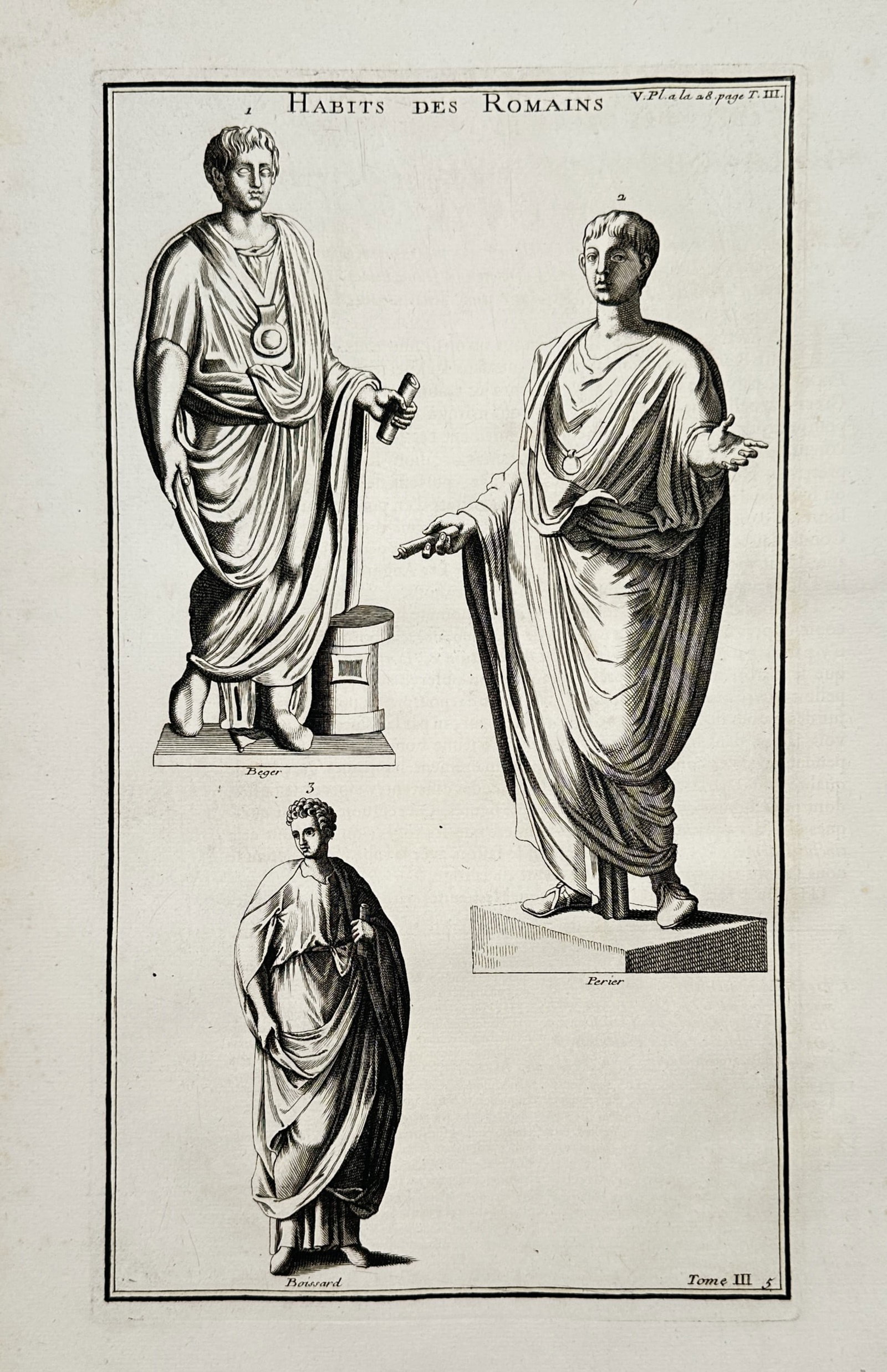 Bernard de Montfaucon (1655–1741) – Roman Dress – Engraving (1719): "Habits des Romains." This eighteenth-century engraving illustrates various styles of Roman attire, specifically focusing on the toga as worn by different figures, based on ancient statues from the Be