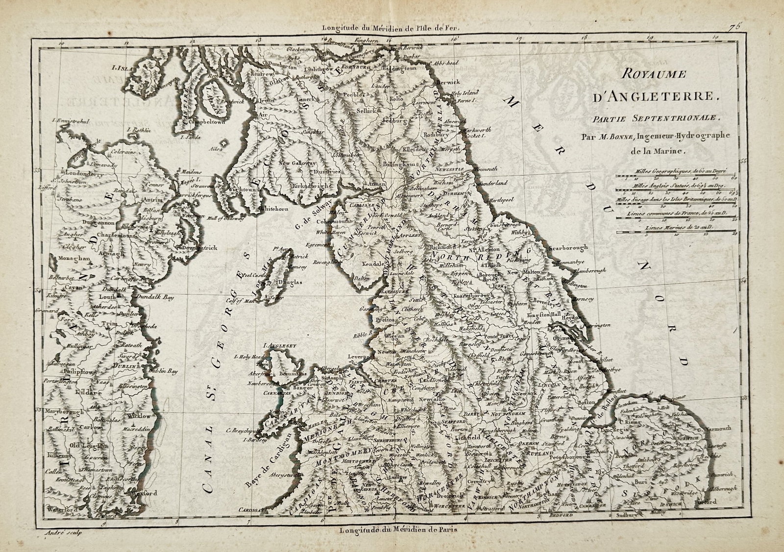 Rigobert Bonne (1727–1794) – Map of Northern England – England – Engraving (1780): "Royaume d'Angleterre. Partie Septentrionale." This eighteenth-century engraving displays the northern region of England along with portions of Scotland, Ireland, and Wales, highlighting the topograph