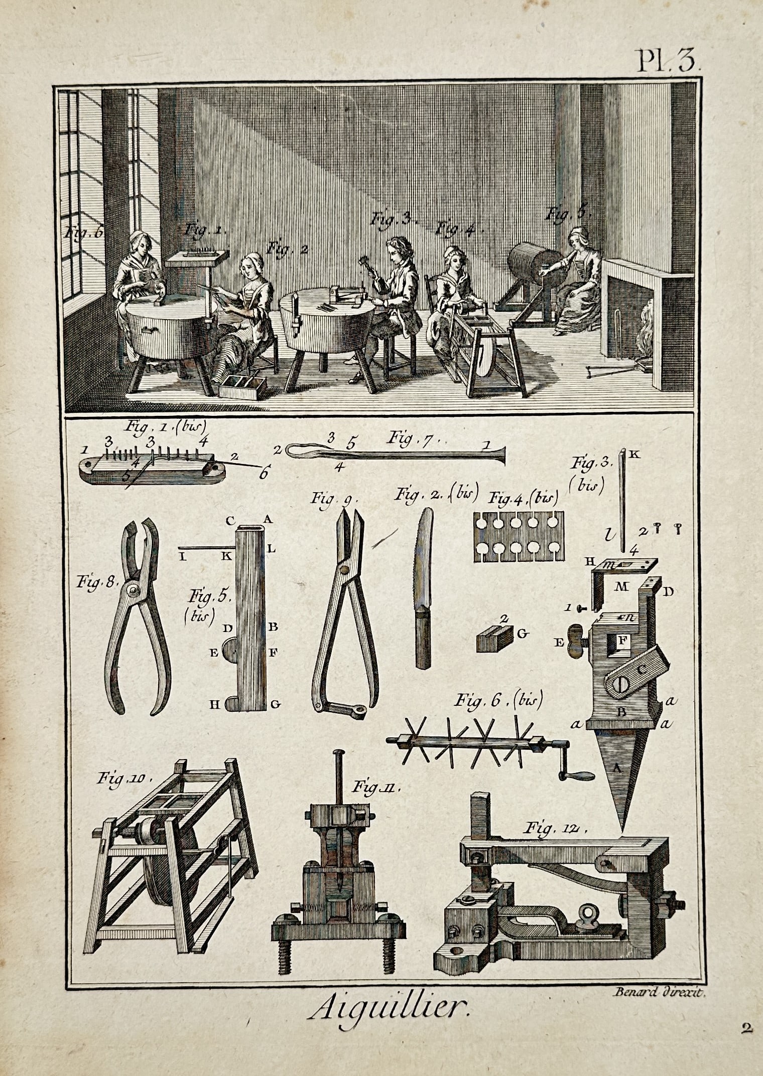 Robert Bénard (1734–1777) – Needle Making – Engraving (1768): "Aiguillier." This eighteenth-century engraving illustrates the specialized workshop and precision tools of the needle maker, featuring an upper scene of artisans seated at worktables performing tasks