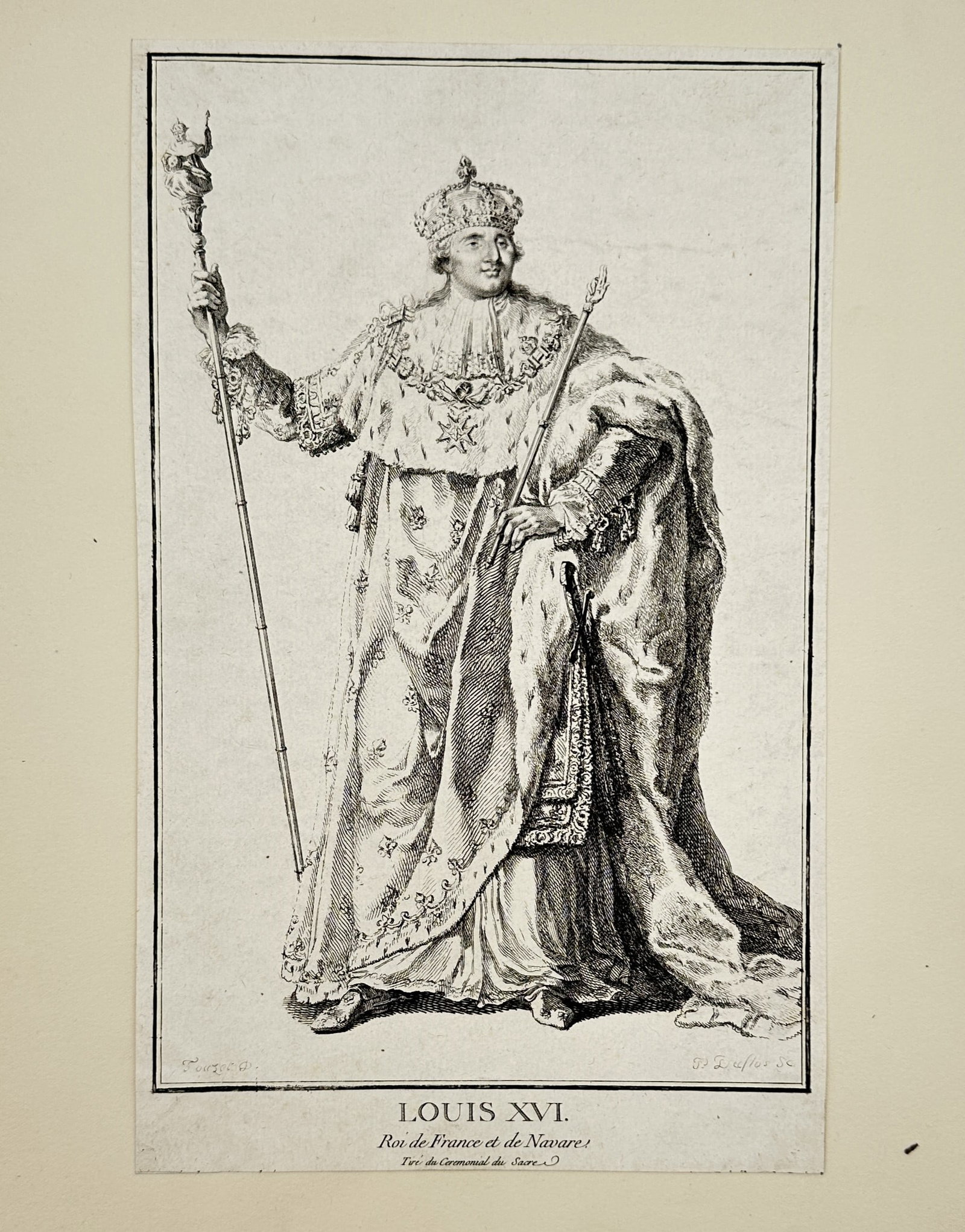 Pierre Duflos (1742–1816) – Portrait of Louis XVI, King of France and Navarre – Engraving: "Louis XVI. Roi de France et de Navarre." This late eighteenth-century engraving depicts the French monarch in full coronation regalia, standing with the royal sceptre and the hand of justice. It was