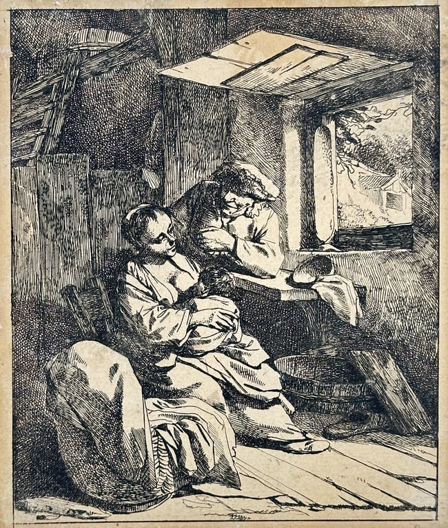 Cornelis Bega (1631-1664) - Interior with a Nursing Mother - Etching (17th Century) (1 of 2)