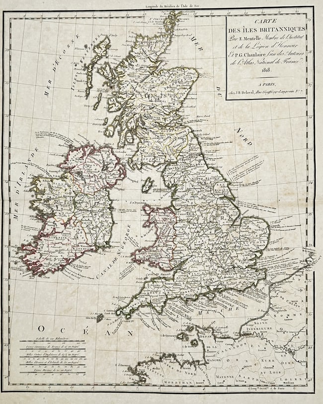 Edme Mentelle – Map of British Isles – United Kingdom and Ireland – Engraving (1818): "Carte des Iles Britanniques" provides a detailed geographic overview of England, Scotland, Wales, and Ireland, featuring hand-coloured administrative borders and topographical details. This map was p