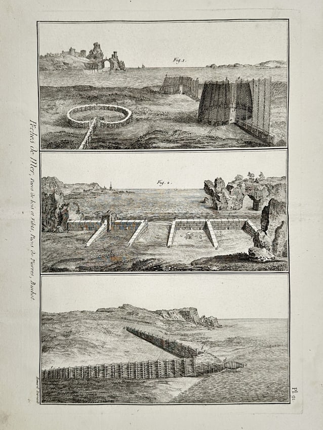 Robert Benard (1734–1777) – Marine Fishing: Wood and Net Enclosures, Stone Weirs: "Pêches de Mer, Parcs de bois et Filets, Parcs de Pierres, Buchot". This large-format engraving is divided into three vertical panels, each illustrating a different method of coastal aquaculture and