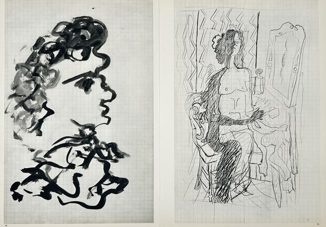 Georges Braque (1882–1963), after – Two Figural Studies: Portrait and Nude at the Mirror: "The Intimate Sketchbooks of G. Braque." These two plates from Braque’s private journals showcase his stylistic range during his later years. The left plate features a bold, gestural portrait execut