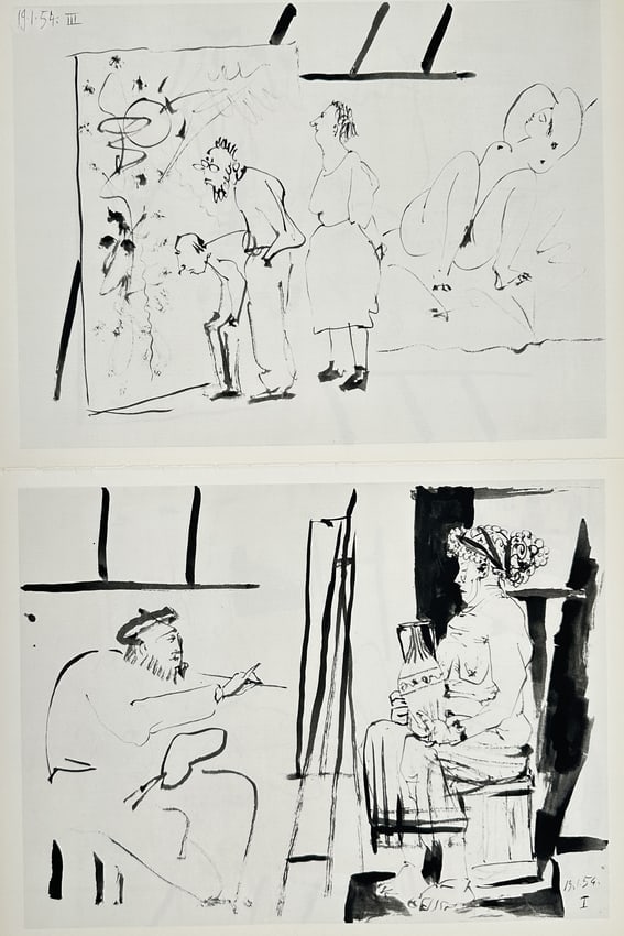 Picasso (1881–1973), after – Set of 2: The Human Comedy – Offset print (20th Century): "La Comédie humaine." This set of two prints depicts scenes from the studio, featuring a group of onlookers examining a canvas and an artist painting a seated model holding a vase. These works belong