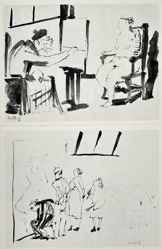 Pablo Picasso (1881–1973), after – Set of 2: Artist's Studio – Offset print (20th Century): "La Comédie humaine." This set of two prints illustrates scenes within an artist's studio, including a painter in a beret working at an easel before a seated nude model and a group of figures observi