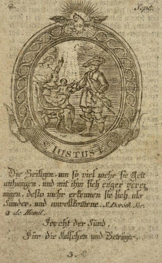 Franz Xavier Weninger (1805-1888) – Iustus: Allegory of Justice and Humility – Engraving: "Iustus." This engraving features a central medallion depicting a noble figure standing before a seated woman and child, surmounted by a radiant dove representing the Holy Spirit. Below the image is a
