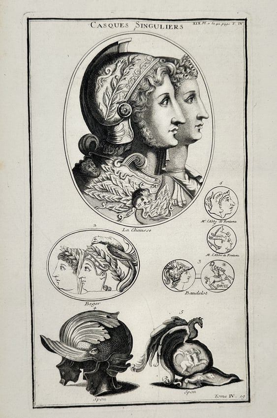 Bernard de Montfaucon (1655–1741) – Casques Singuliers (Singular Helmets) – Engraving (1 of 2)