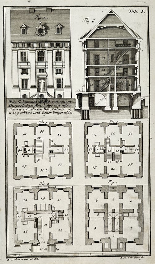 Nikolaus Goldmann (1611-1665) – Plan and section of a bourgeois residential building (1 of 2)