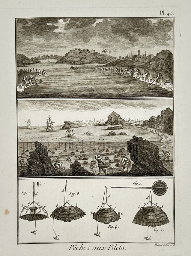 Robert Bénard (1734–1777) – View of bell-shaped fishing traps – Engraving (18th Century) (1 of 2)