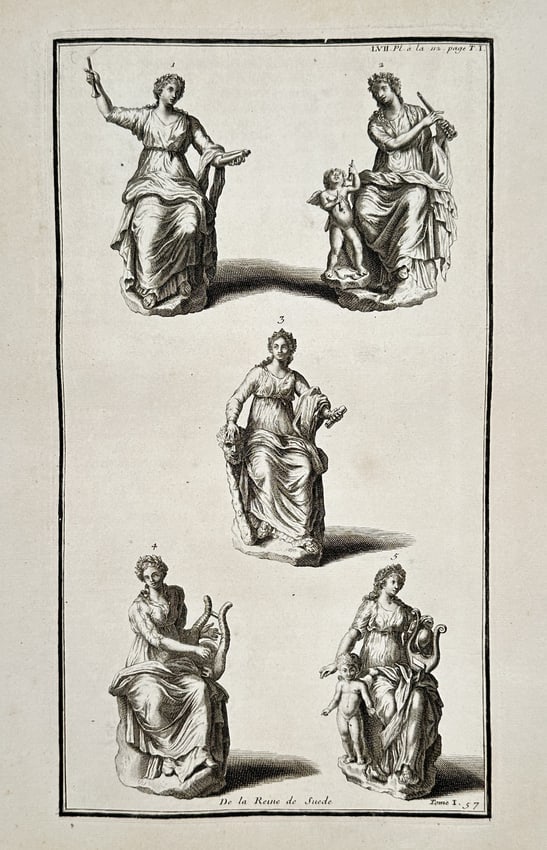 Bernard de Montfaucon – Studies of Five Classical Female Statues – Engraving (1719): "De la Reine de Suede." This eighteenth-century engraving illustrates five classical female figures in seated poses, based on ancient sculptures from the collection of Queen Christina of Sweden. The f