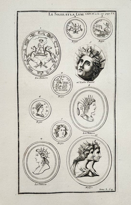 Bernard de Montfaucon – Studies of the Sun and Moon from Ancient Gems and Medals – Engraving (1 of 2)
