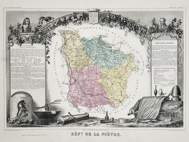Victor Levasseur – Map of the Department of Nièvre – France – Steel engraving: "Dépt de la Nièvre" presents a hand-colored topographical map of the French department, surrounded by a highly decorative border that celebrates the region's cultural and economic identity. The vign