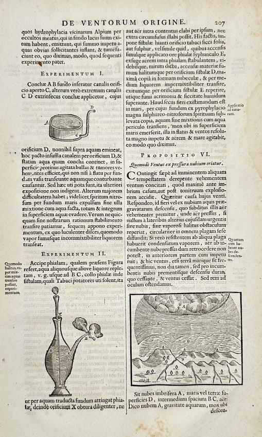 Athanasius Kircher (1602-1680) – Meteorological Studies: Origin of Winds – Engraving (1680: "De Ventorum Origine" illustrates various experimental and natural phenomena used to explain the movement of air and the formation of storms, including a diagram of a flask and a topographical view of