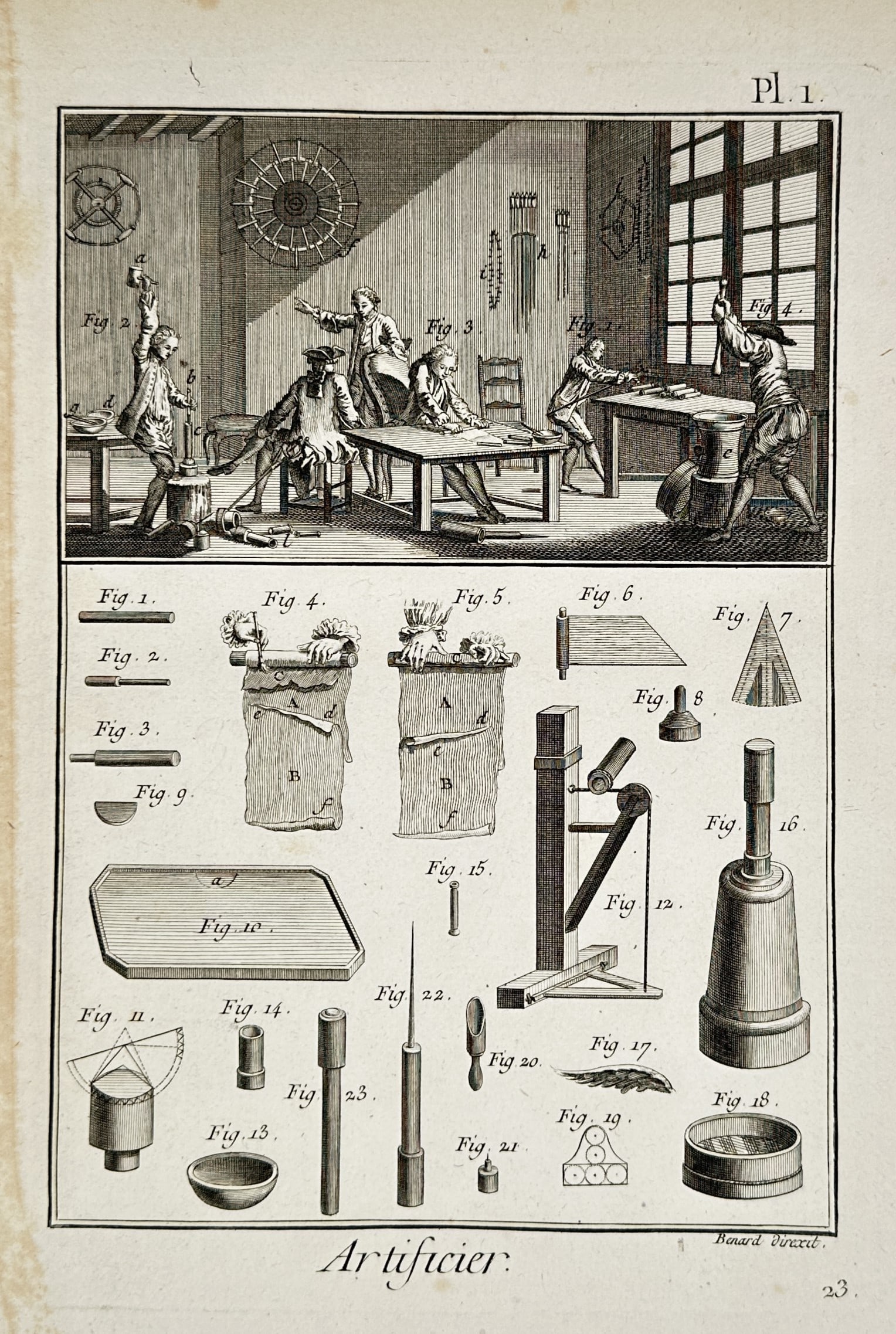 Robert Benard (1734–1777) – Study of Pyrotechnist Workshop and Tools – Engraving (1771): "Artificier." This technical illustration displays the interior of a pyrotechnist's laboratory alongside the specialized apparatus used for creating eighteenth-century fireworks. The work is a copper