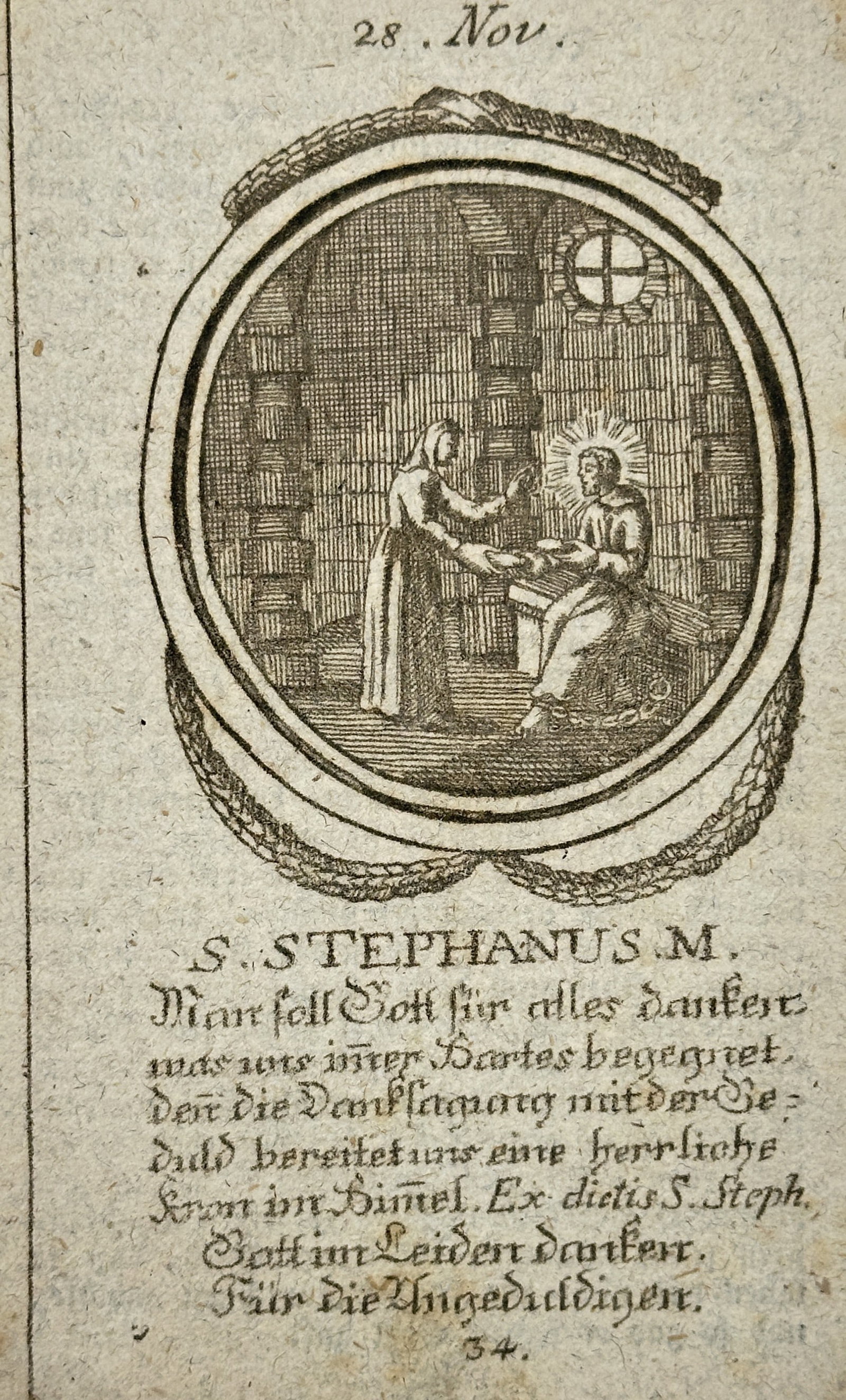 Johann Christian Leopold (1699-1755) – Saint Stephen the Martyr in a Cell – Engraving (c. 1730) (1 of 2)