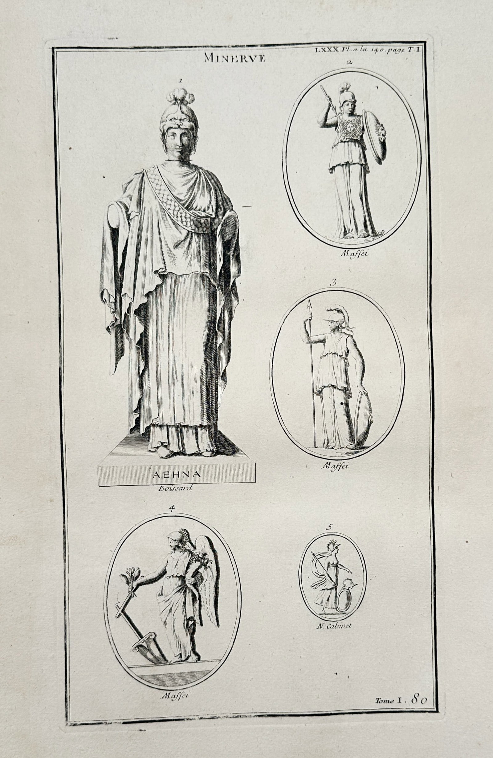 Bernard de Montfaucon (1655-1741) – View of Statues and Gems of Minerva – Engraving (1719): "Minerve". This antiquarian engraving presents various classical representations of the goddess Minerva, including a large standing statue on a pedestal inscribed in Greek and several smaller depictio