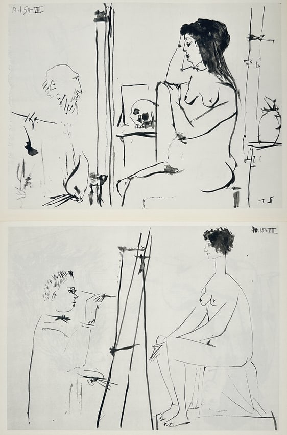 Pablo Picasso (1881–1973), after – Set of 2: Studies of the Artist and Model – Offset print: "L'Atelier de Cannes." This set of two plates depicts the recurring theme of the artist and his model in the studio, a subject Picasso explored extensively throughout his career to examine the relatio