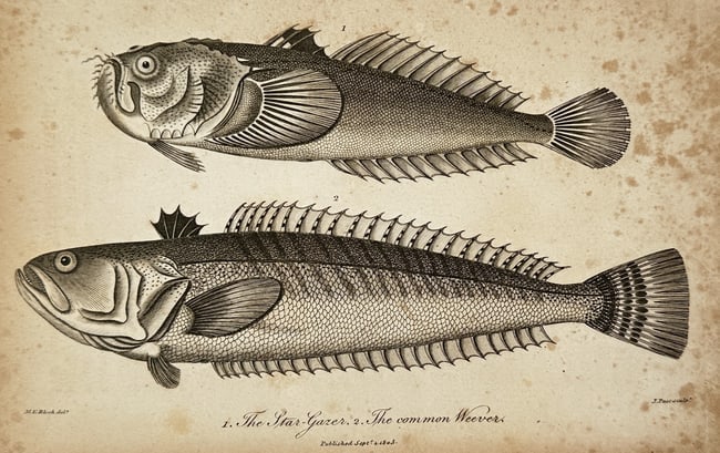 John Pass (active 1796-1823) – View of Ichthyological Study: Star Gazer and Common Weever (1 of 2)