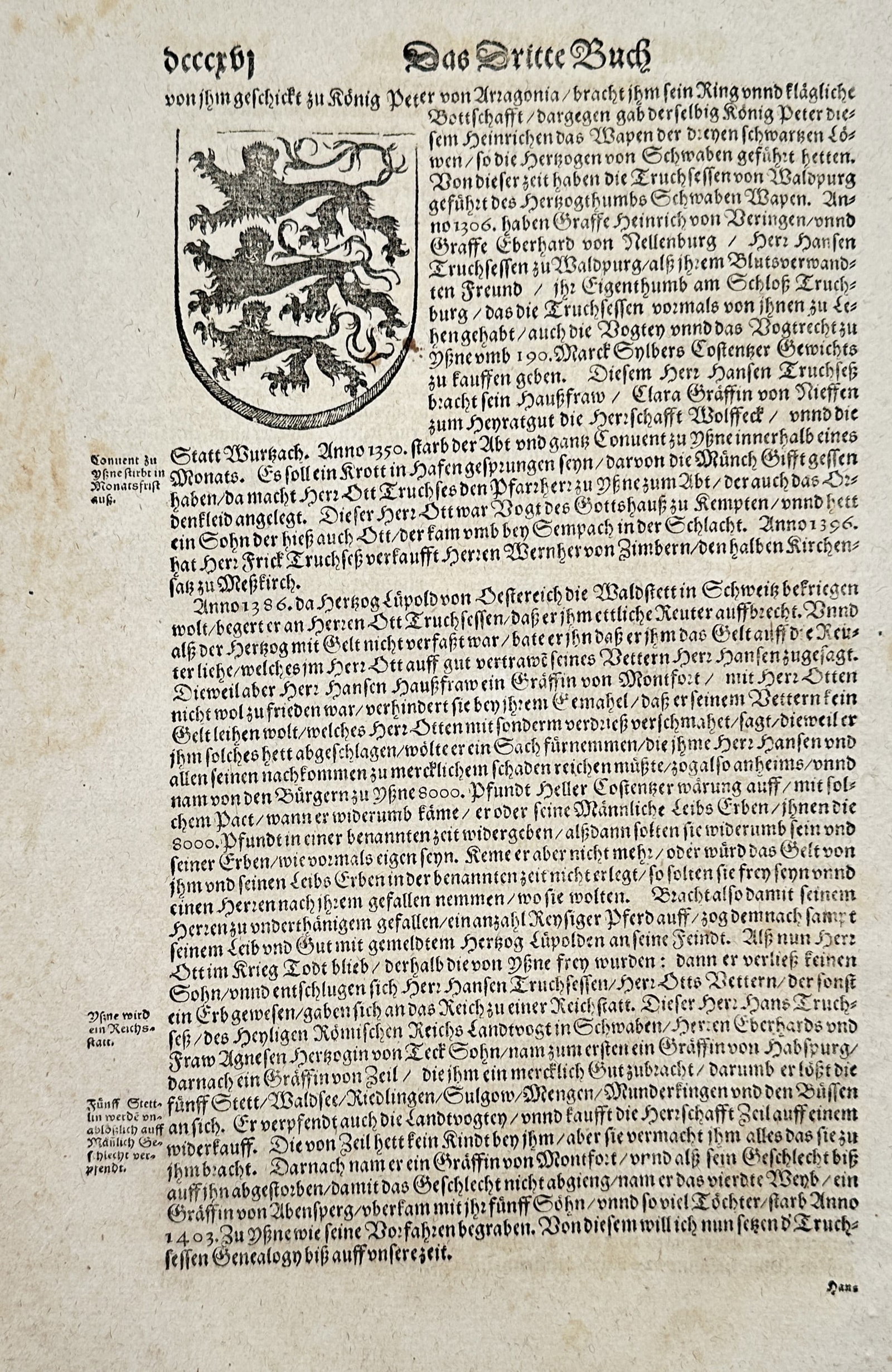 Sebastian Münster (1488–1552) – View of the Coat of Arms of the House of Waldburg – Woodcut (1 of 2)
