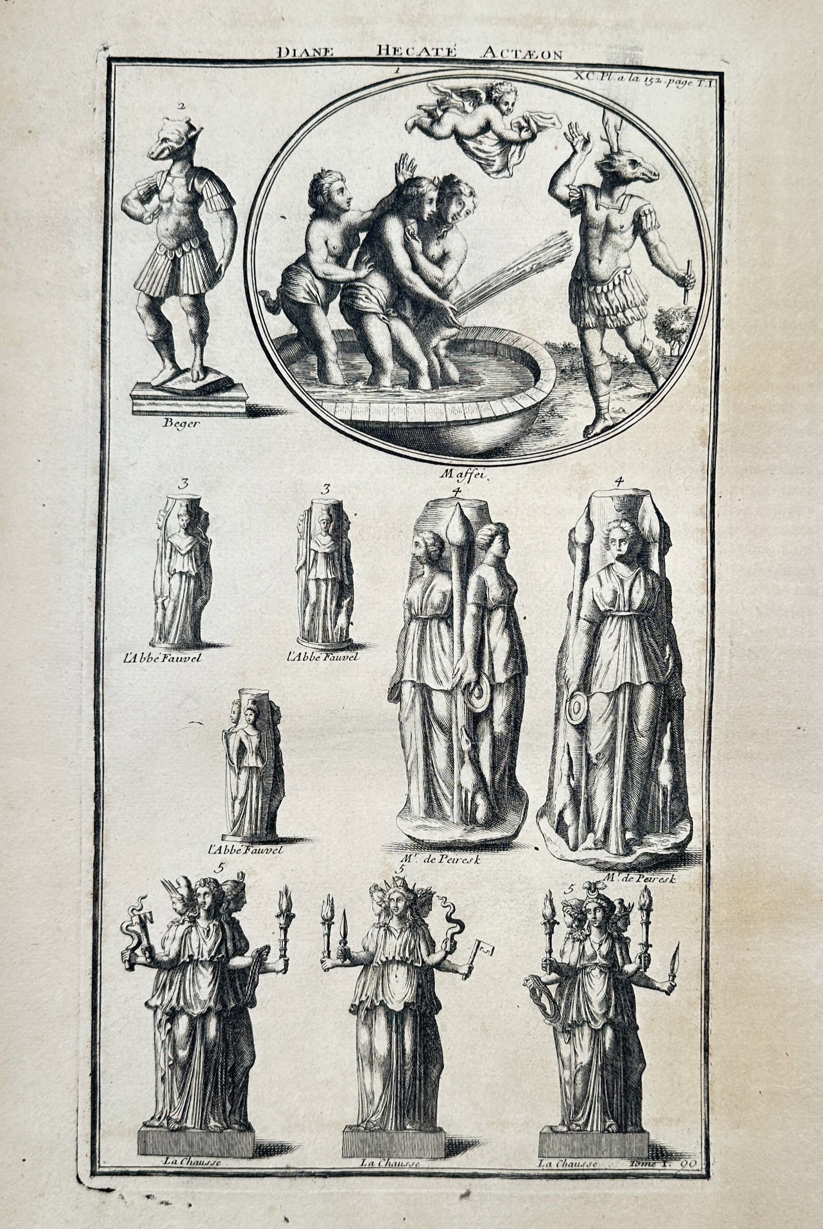 Bernard de Montfaucon (1655–1741) – View of Diane, Hecate, and Actaeon – Copper engraving (1 of 2)