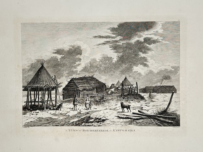 John Webber (1751-1793) – View of Bolcheretzkoi in Kamtschatka – Large Folio Engraving: "A View of Bolcheretzkoi, in Kamtschatka" The engraving depicts a settlement in the Kamchatka Peninsula featuring wooden log structures and a traditional conical dwelling on stilts, with figures and d