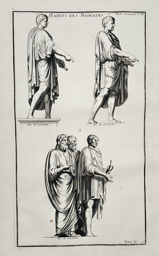 Bernard de Montfaucon (1655–1741) – View of Roman clothing and togas – Engraving (1719) (1 of 2)