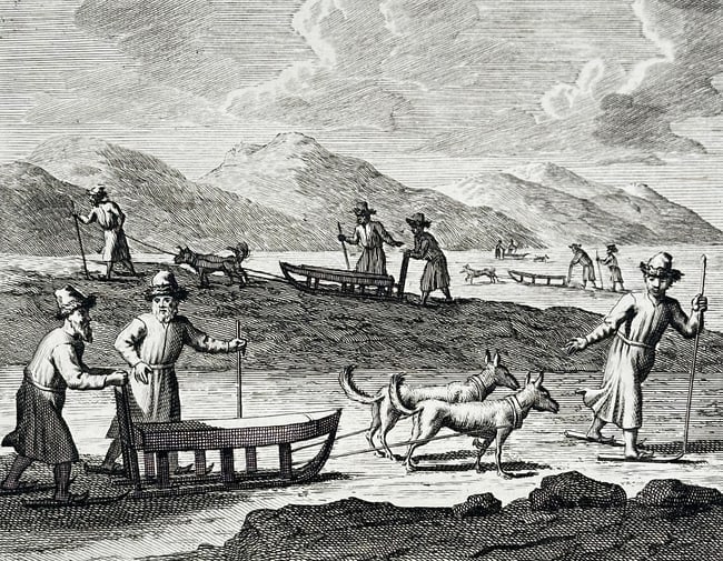 Cornelis de Bruijn (1652–1727) – View of travelers with dog sleds in Muscovy – Engraving (1 of 3)
