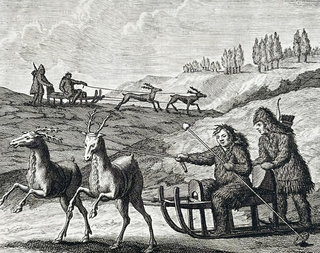 Cornelis de Bruijn (1652–1727) – View of Samoyed people with reindeer sleds – Engraving (1 of 3)