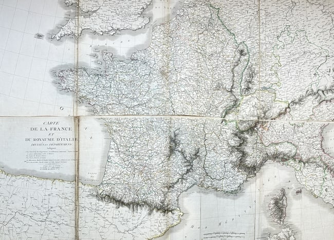 Edme Mentelle – Map of France and the Kingdom of Italy – Hand-coloured engraving: "Carte de la France et du Royaume d'Italie." This expansive hand-coloured engraving provides a detailed geopolitical overview of Western Europe during the Napoleonic era. The map illustrates the Frenc