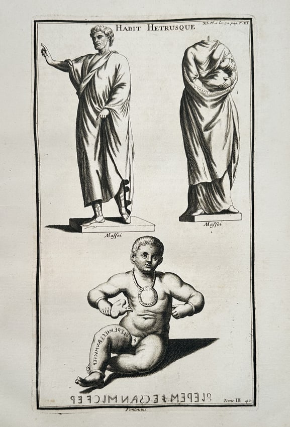 Bernard de Montfaucon (1655–1741) – Study of Etruscan Costume and Statuary – Engraving (1 of 2)