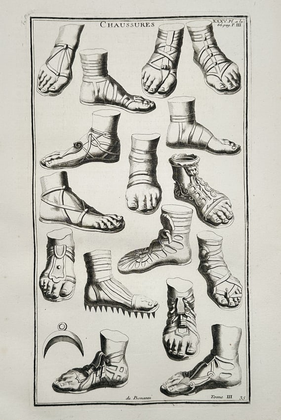 Bernard de Montfaucon (1655–1741) – Study of Ancient Footwear – Engraving (1719–1724) (1 of 2)