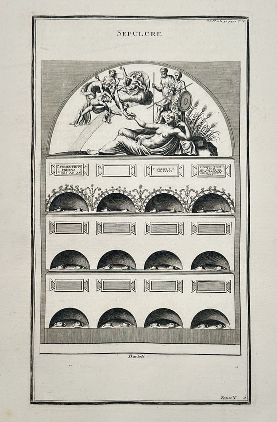Bernard de Montfaucon (1655–1741) – Roman Sepulchre and Columbarium – Copperplate: "Sepulchre" illustrates an architectural and sculptural study of a Roman columbarium, providing a detailed anatomical study of the multi-tiered niches used for housing funerary urns. The composition f