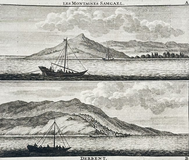 Cornelis de Bruijn (1652–1727) – View of the Samgael Mountains and Derbent – Engraving: "Les Montagnes Samgael. Derbent." This engraving features two distinct coastal prospects from the Caspian Sea region, presented in a stacked format. The upper scene illustrates the Samgael Mountains i
