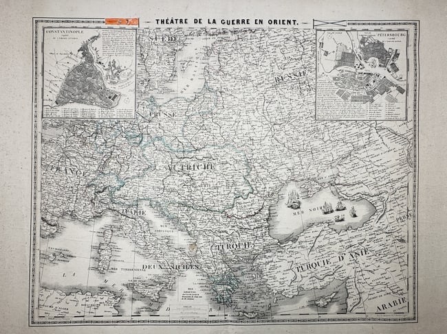 Alexandre Danlos – Map of European and Ottoman Empire – Theater of War in the East: "Théâtre de la Guerre en Orient." This large-scale engraving is a topical map produced during the Crimean War, detailing the broad geographical region involved in the conflict. The map covers Centra