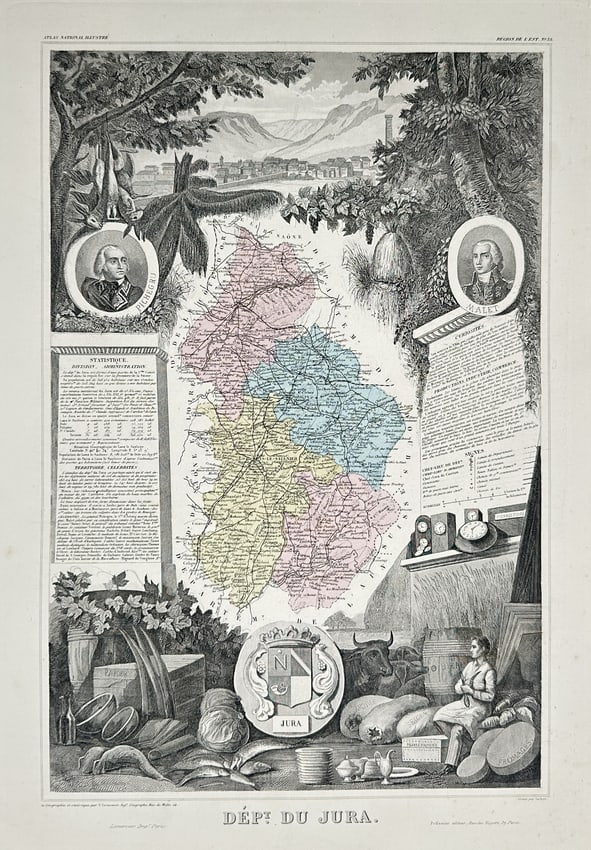Victor Levasseur (1800–1870) – Map of the Department of Jura (France) – Hand-coloured: "Dépt. du Jura." This decorative hand-coloured engraving is a detailed map of the French department of Jura, situated in the Bourgogne-Franche-Comté region. The central geographical map is surrounde