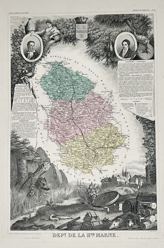 Victor Levasseur – Map of the Department of Haute-Marne – France – Hand-coloured engraving: "Dépt. de la Hte. Marne." This hand-coloured engraving is a decorative map of the French department of Haute-Marne, part of the Grand Est region. The central map is color-coded by arrondissement and