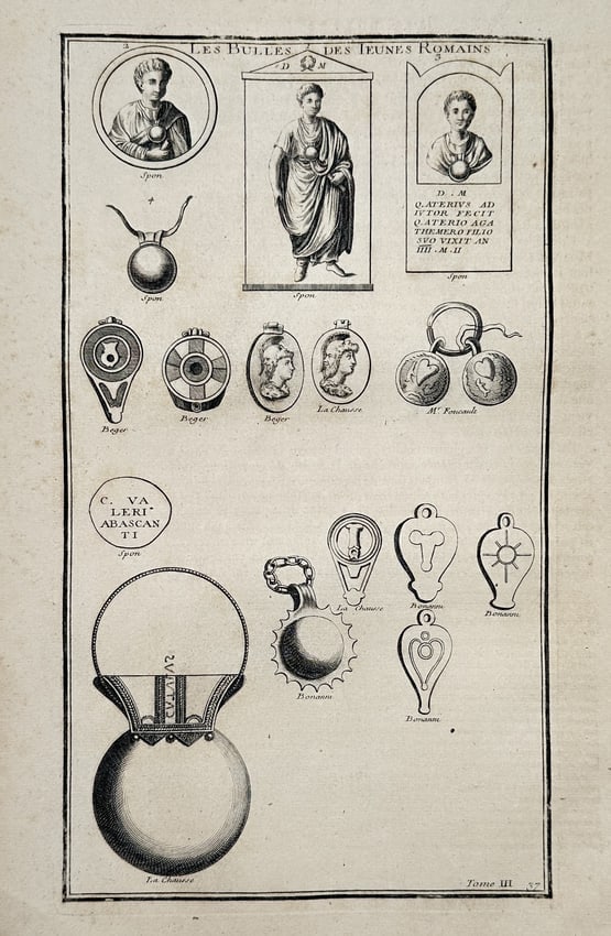 Bernard de Montfaucon (1655–1741) – Bullae of Young Romans – Engraving (1719–1724) (1 of 2)