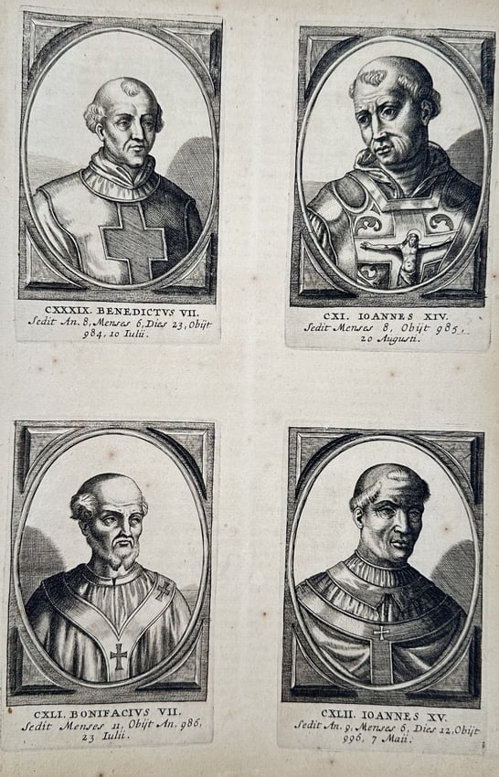 Cornelius Hazart – Portrait Study of Four Popes: Benedict VII, John XIV, Boniface VII, and John: "CXXXIX. Benedictus VII. CXL. Ioannes XIV. CXLI. Bonifacivs VII. CXLII. Ioannes XV." illustrates four historical portraits of tenth-century pontiffs organized in a balanced grid. Each figure is depict