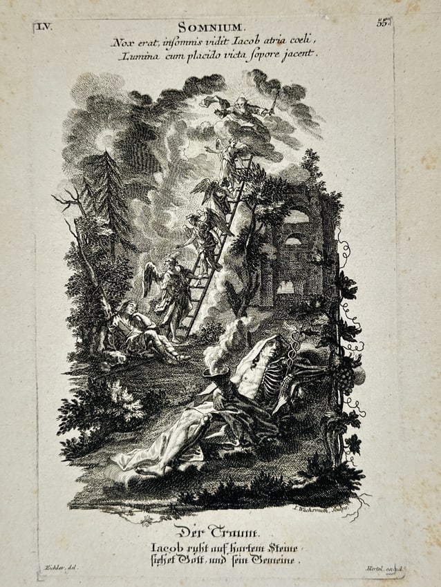 Jeremias Wachsmuth (1711–1771) – Allegorical Dream of Jacob’s Ladder – Etching (18th (1 of 2)