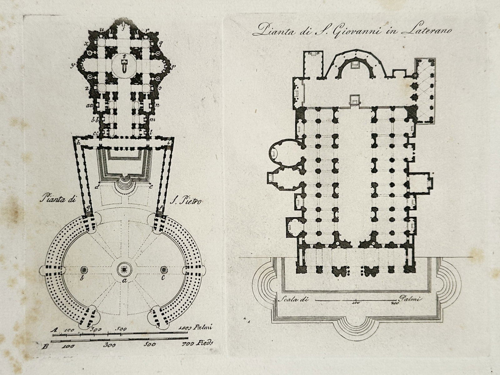 Mariano Vasi – View of the Ground Plans of Saint Peter's and Saint John Lateran – Copper: "Pianta di S. Pietro" and "Pianta di S. Giovanni in Laterano" portrays two side-by-side architectural ground plans of Rome's most significant basilicas. The left illustration details the vast complex