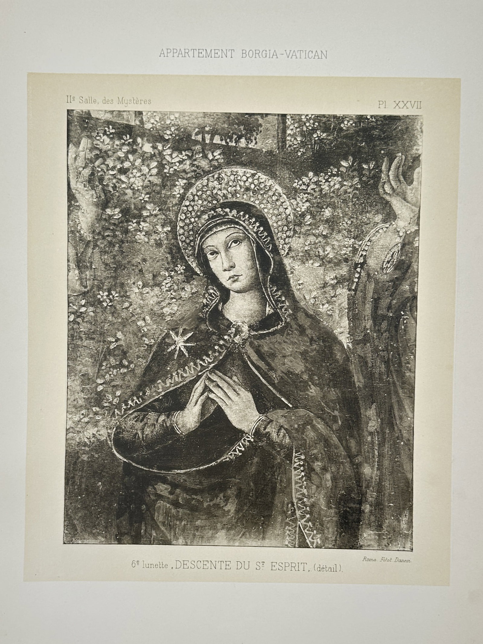 Pinturicchio, after – View of the Virgin Mary from the Descent of the Holy Spirit – Photogravure: A focused study of the Virgin Mary from the fresco located in the Hall of Mysteries within the Borgia Apartments of the Vatican. The work illustrates the central figure in a state of prayerful contemp