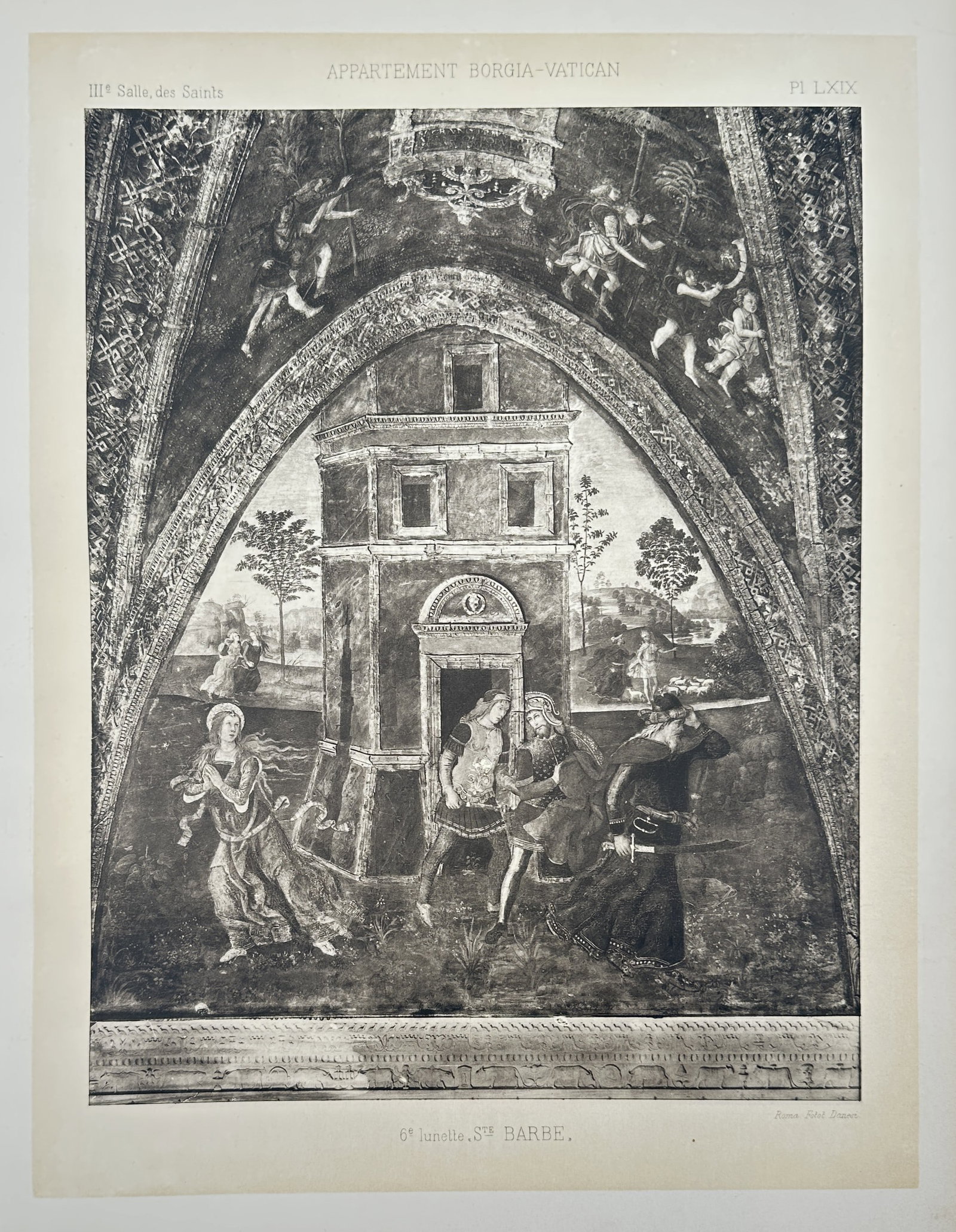 Pinturicchio, after – View of Saint Barbara from the Hall of the Saints – Photogravure (20th: A scene from the legend of Saint Barbara as depicted in the fresco located in the Hall of the Saints within the Borgia Apartments of the Vatican. The work illustrates the saint fleeing from her father