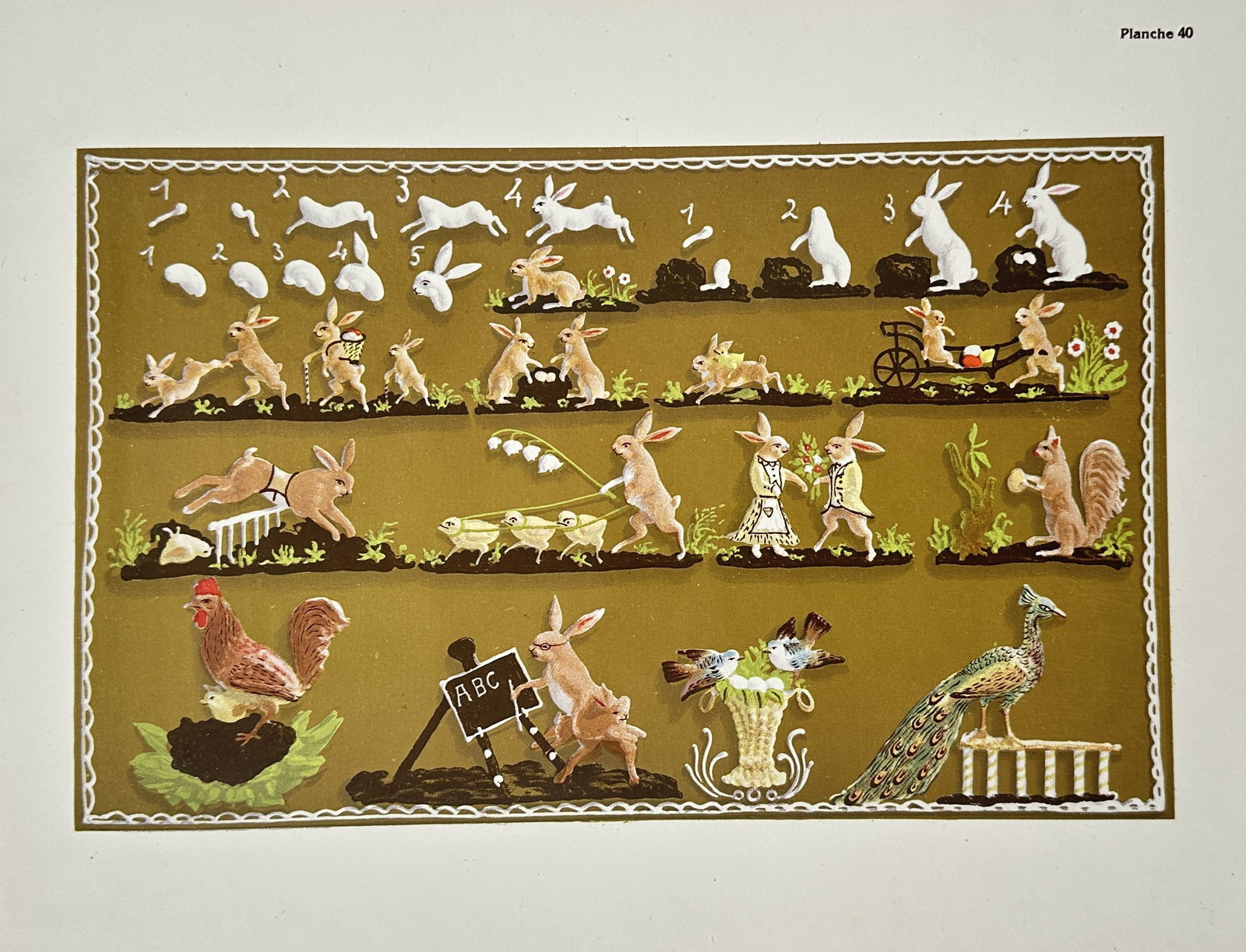 Auguste H. Thomas – View of Decorative Nursery Illustrations with Rabbits – Lithograph: "Planche 40" portrays a whimsical collection of nursery illustrations arranged in horizontal tiers against a golden-brown background. The scenes feature anthropomorphic rabbits engaged in various acti