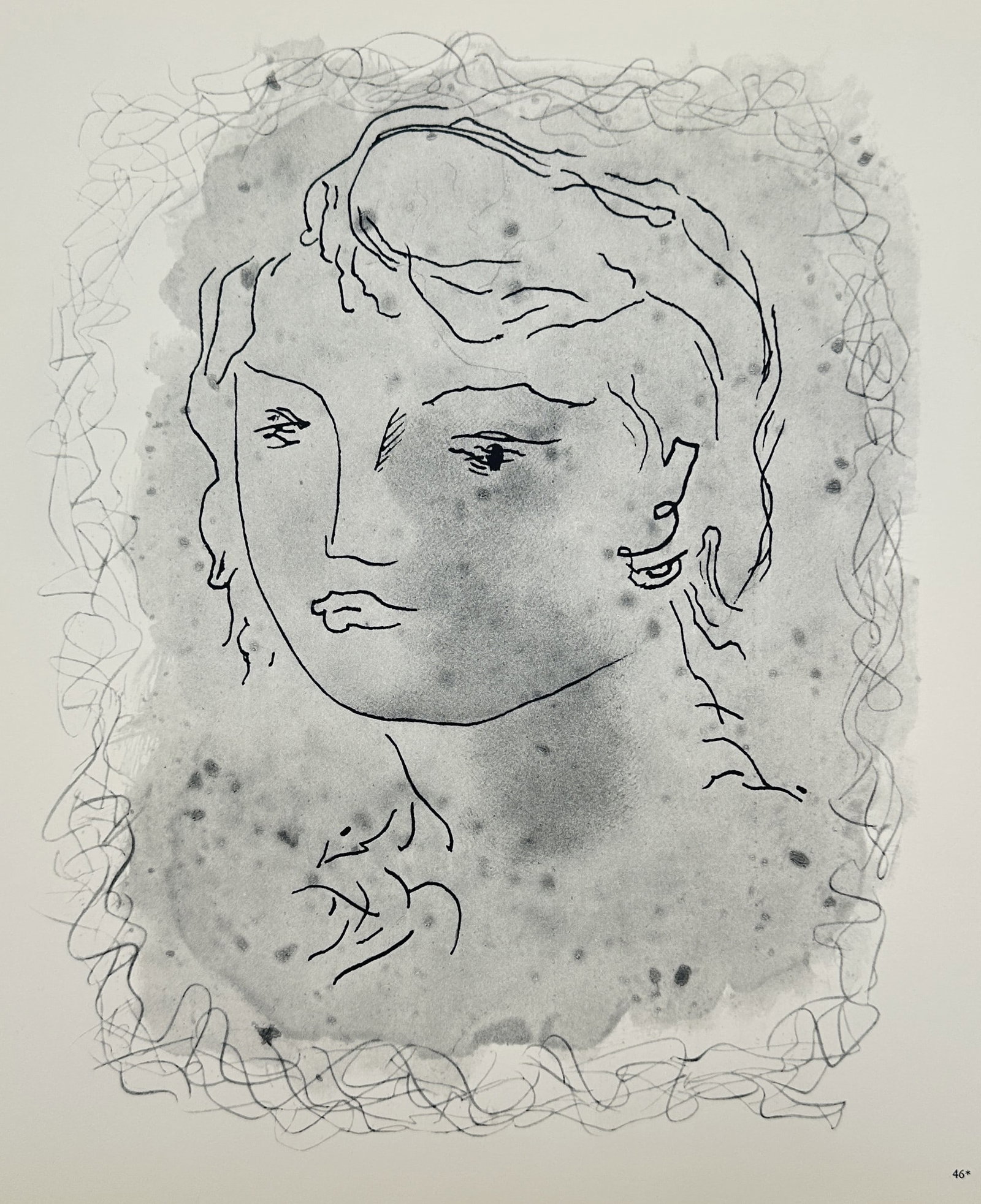 Georges Braque (1882–1963), after – View of a Female Head – Offset print (20th Century): "View of a Female Head" portrays a lyrical, minimalist portrait of a woman rendered with delicate, flowing black lines. The face is set against an atmospheric, speckled grey wash and framed by a perim