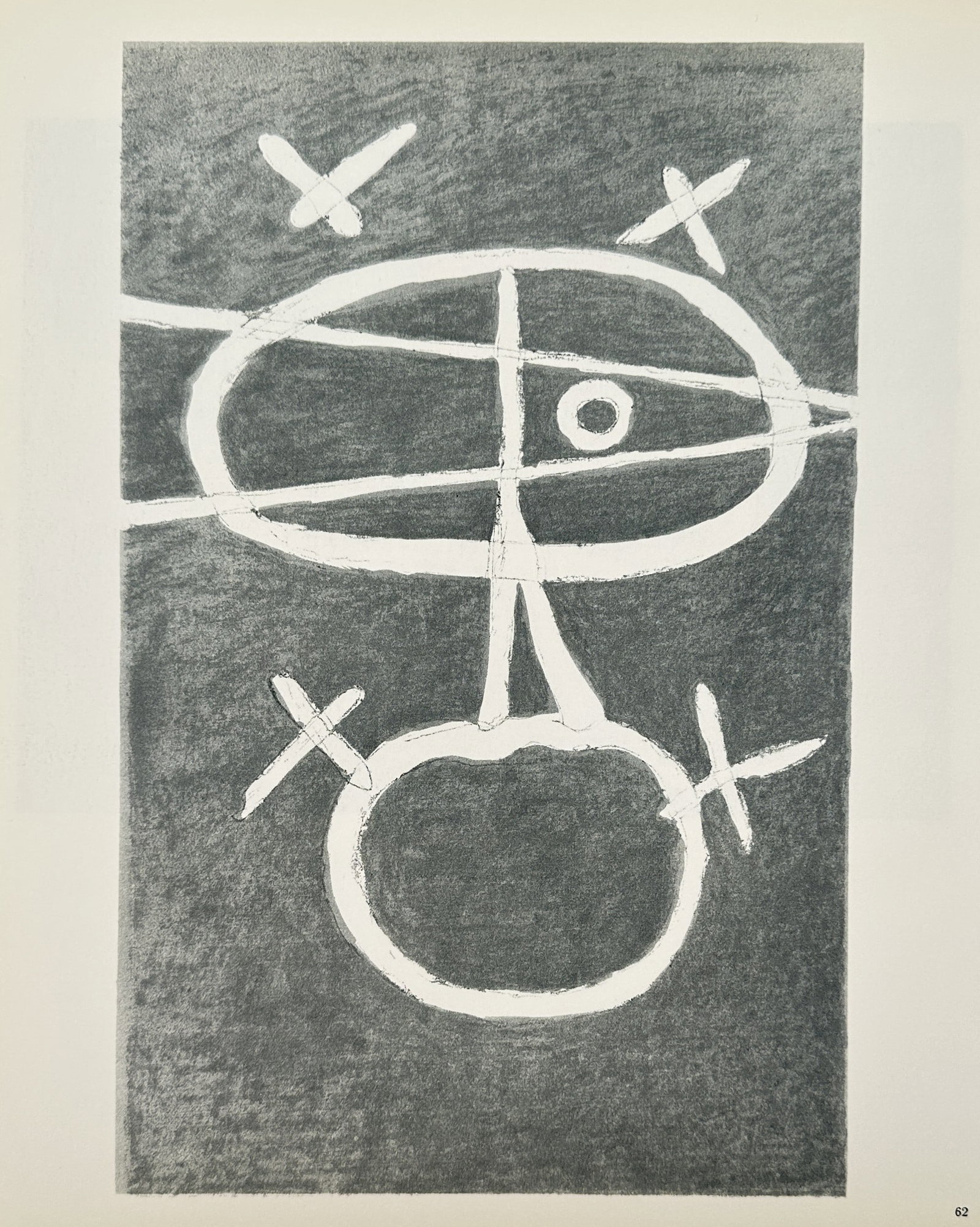 Georges Braque (1882–1963), after – View of an Abstract Bird and Nest – Offset print (20th: "View of an Abstract Bird and Nest" portrays a highly simplified, geometric composition rendered in white lines against a textured dark grey background. The upper oval form, bisected by linear paths a